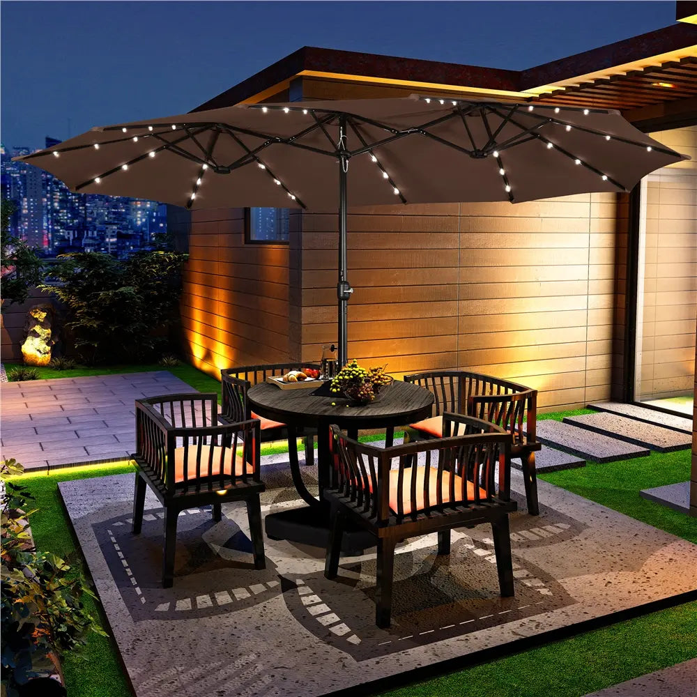 Yaheetech 13/15ft Double-Sided Patio Umbrella with 36 LED Lights, Crank & Base