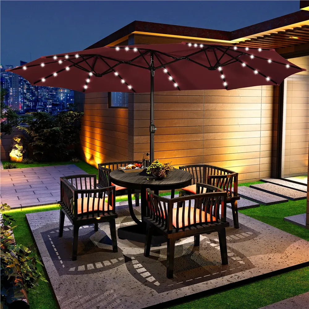 Yaheetech 13/15ft Double-Sided Patio Umbrella with 36 LED Lights, Crank & Base